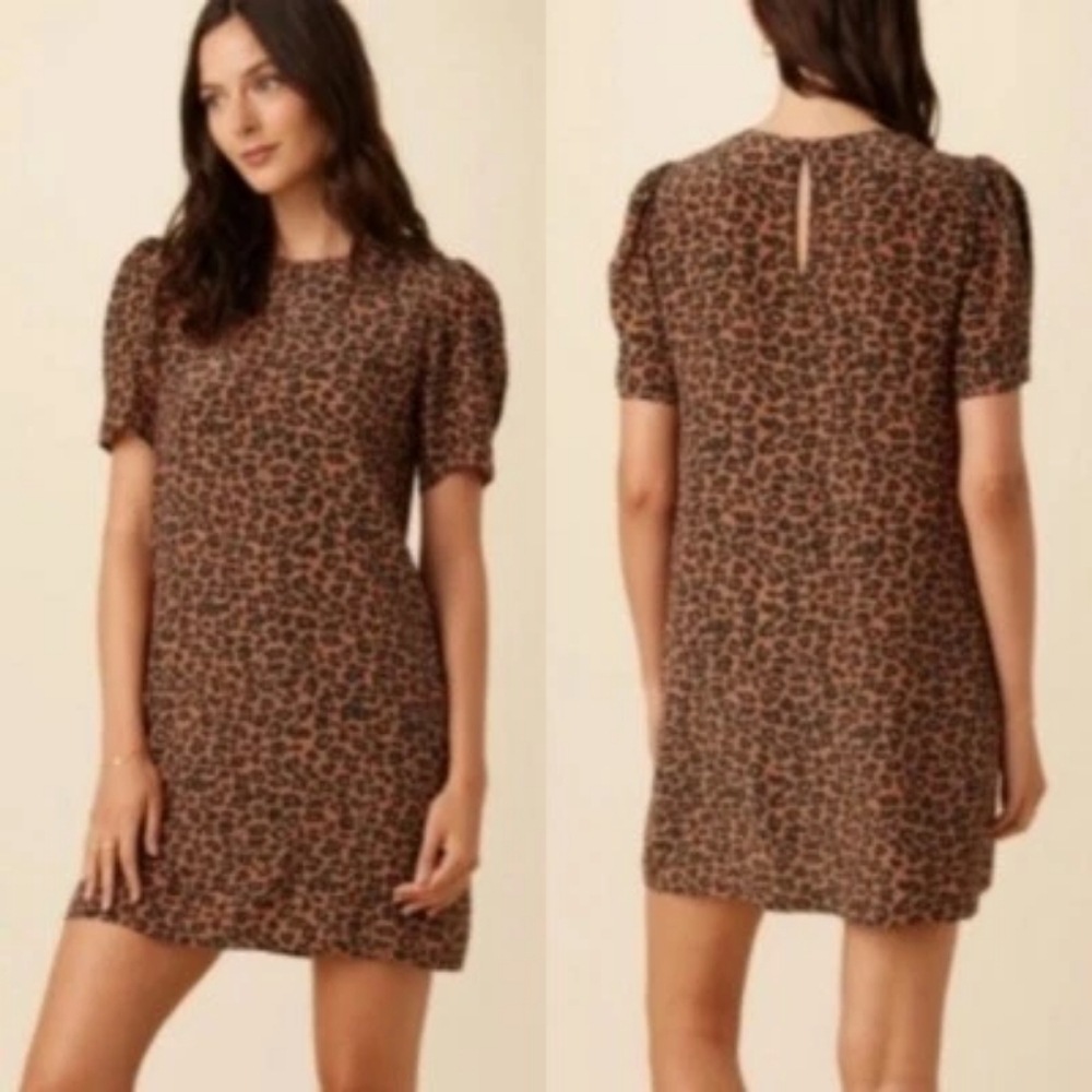 Amour Vert 100% Silk Darla Leopard Print Mini Dress - Black and Brown